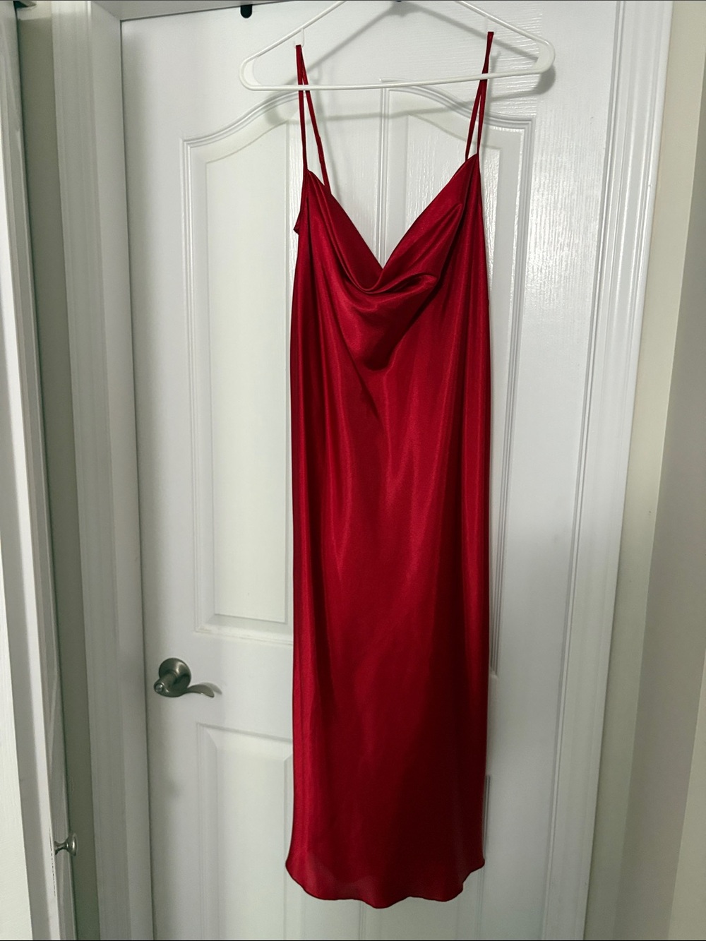 bebe Red Satin Slip Dress with Cowl Neck